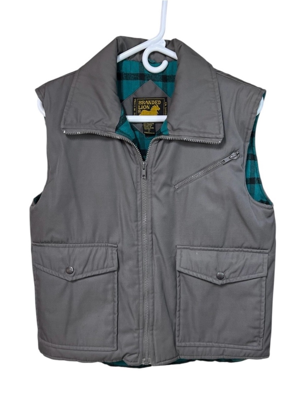 Branded Lion Gray Utility Vest Insulated Green Plaid Lined Mens SMALL